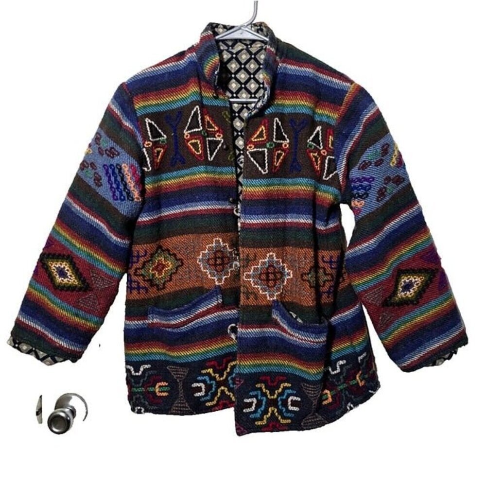 Boutique Jacket M Aztec Southwestern Embroidered Rainbow Boho Festival Pockets